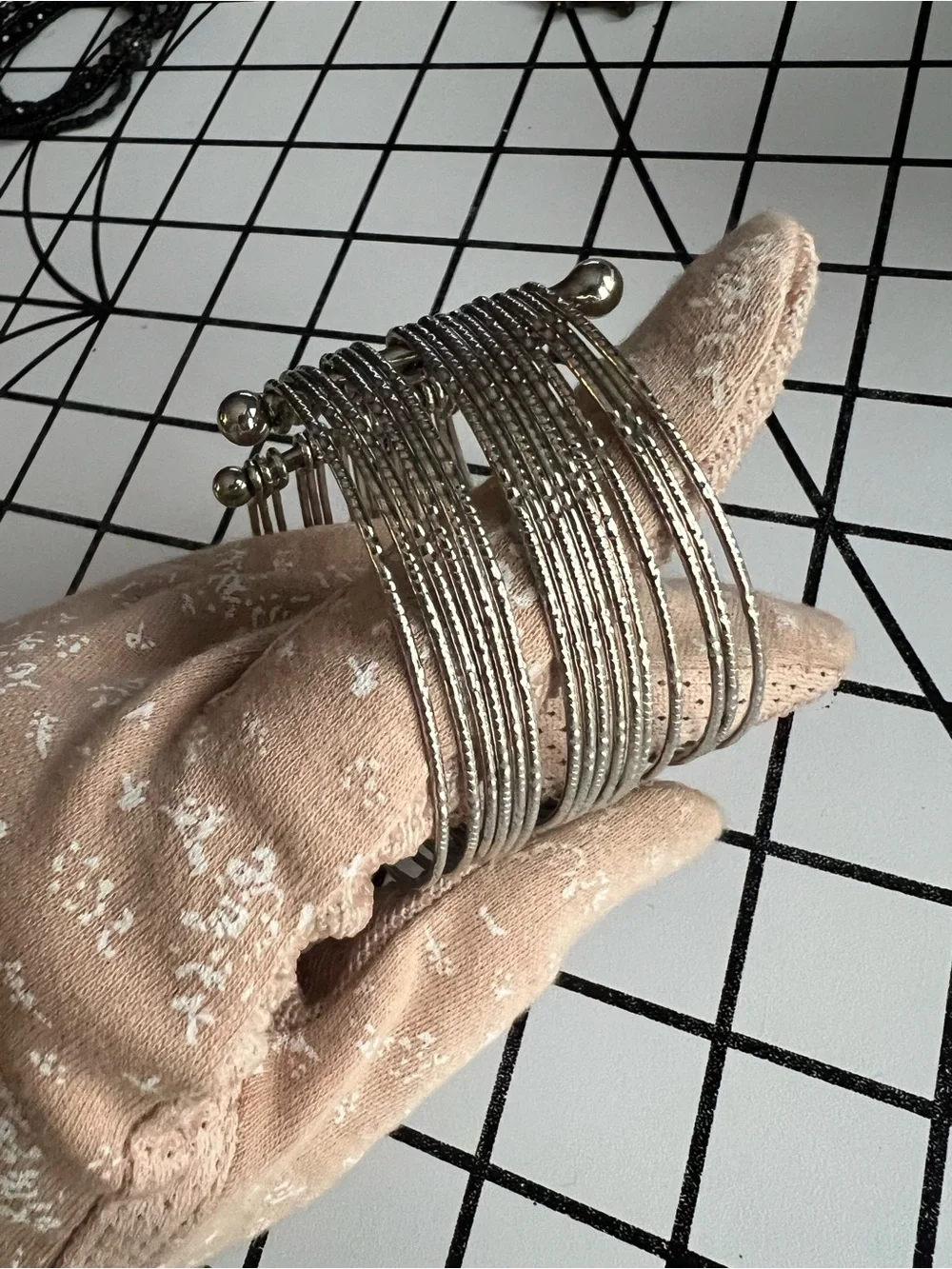 Vintage Silvertone Textured Multi-Strand Slinky Coiled Cuff Bracelet